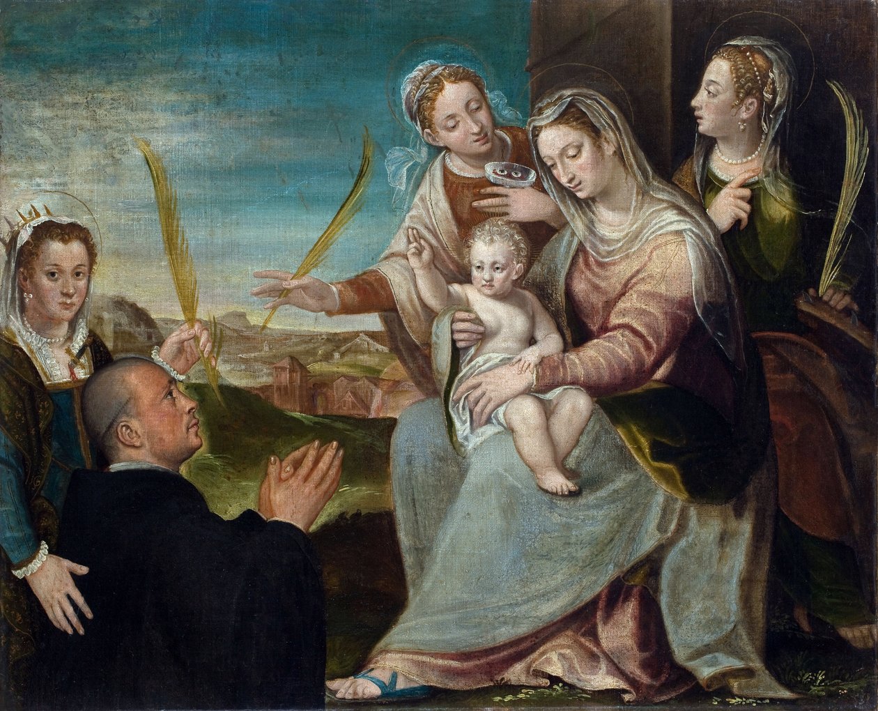 Jomfruen og barnet med Saint Catherine, Saint Lucia, Saint Justine of Padua og en benediktinermunk - Maleri av Dario Varotari, den eldste (1539-1596), olje på lerret av Dario the Elder Varotari