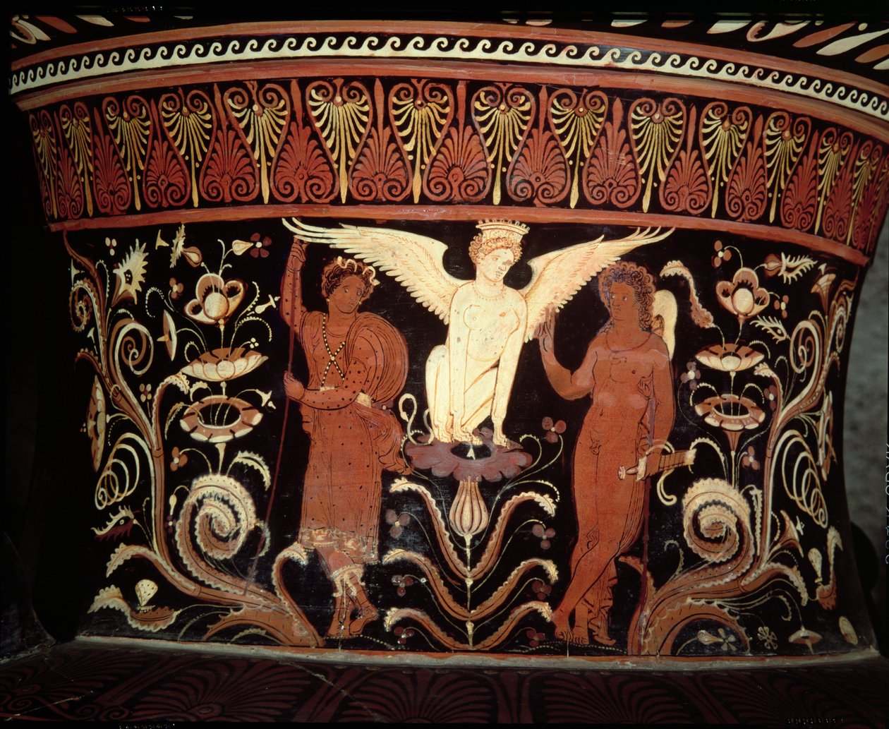 Apuliansk voluttkrater med røde figurer, detalj av halsen som viser Ødipus og Sfinxens keramikk, se også 153772 av Darius Painter