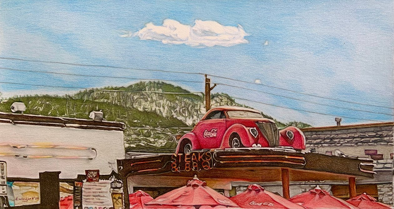 Pitstopp på Route 66, 2024 (blyant på papir) av Darrell Windjack