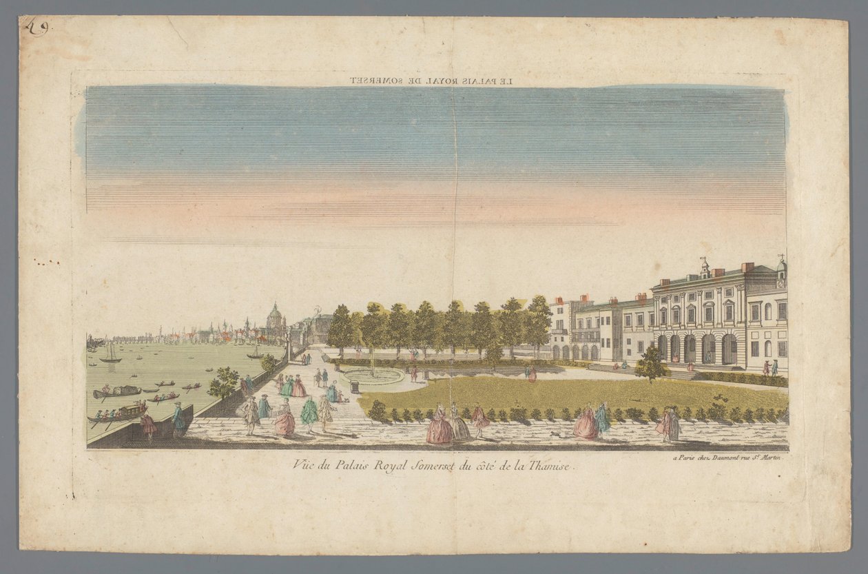 Utsikt over Somerset House fra Themsen med London i bakgrunnen Le Palais Royal de Somerset / Vue du Palais Royal Somerset du côté de la Thamise (tittel på objekt) av Daumont