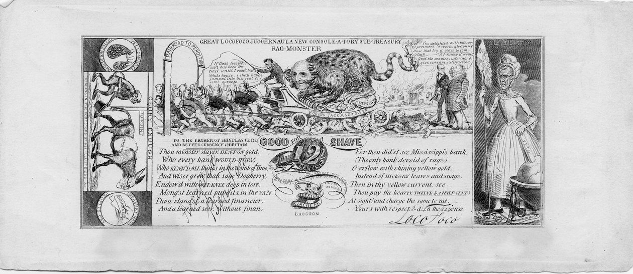 Flott locofoco juggernaut: et nytt konsoll-a-tory sub-skattkammer fillemonster, ca. 1837 (kobbergravering) av David Claypoole Johnston