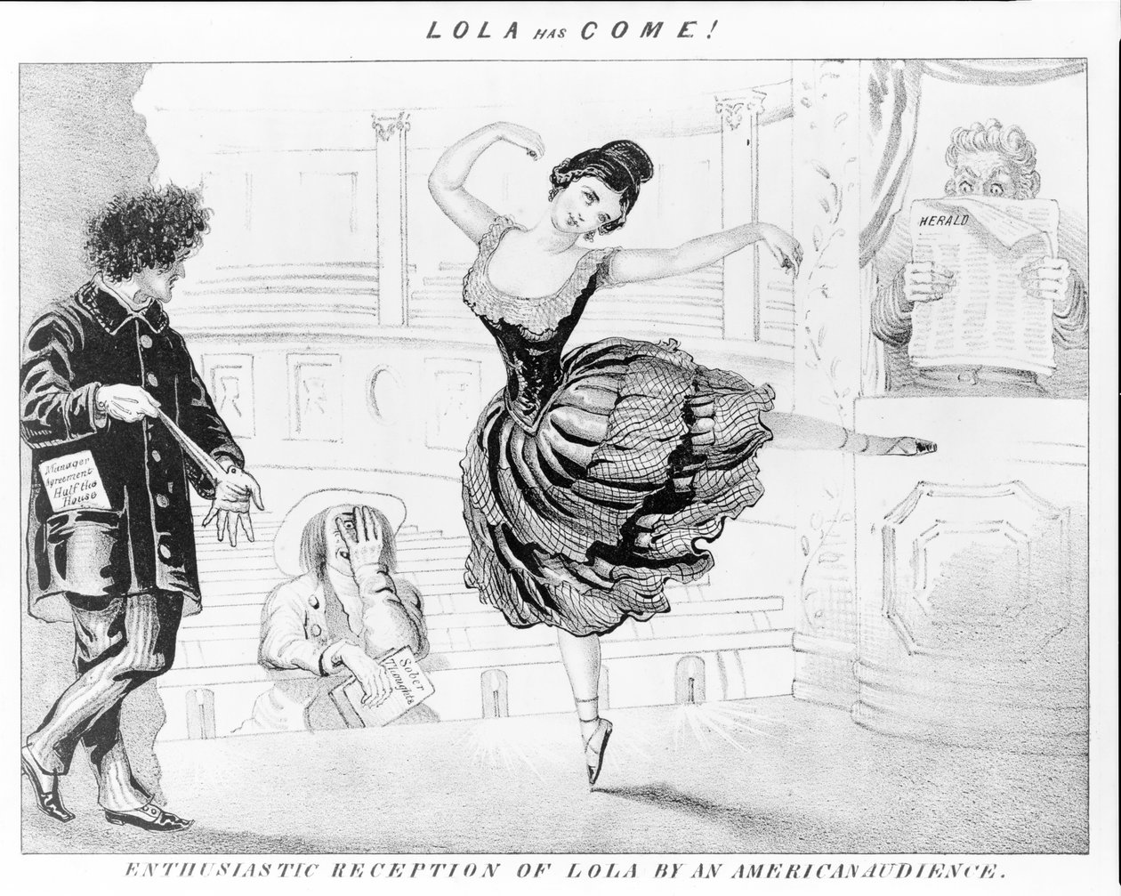 Lola har kommet! Entusiastisk mottakelse av Lola av amerikansk publikum. av David Claypoole Johnston