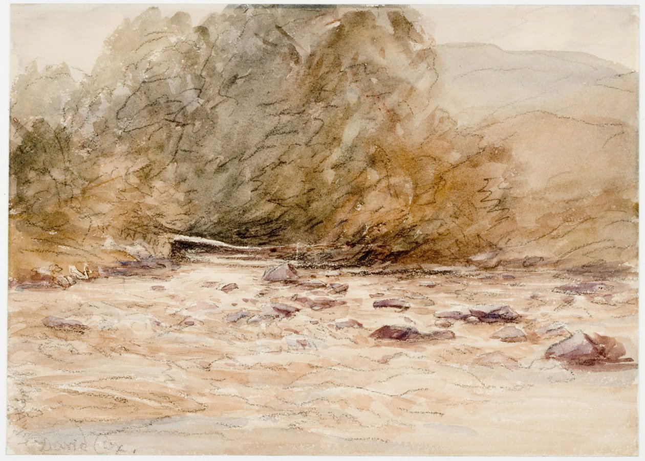 A Mountainous Stream (kull og akvarell på papir (limt på papir)) av David Cox