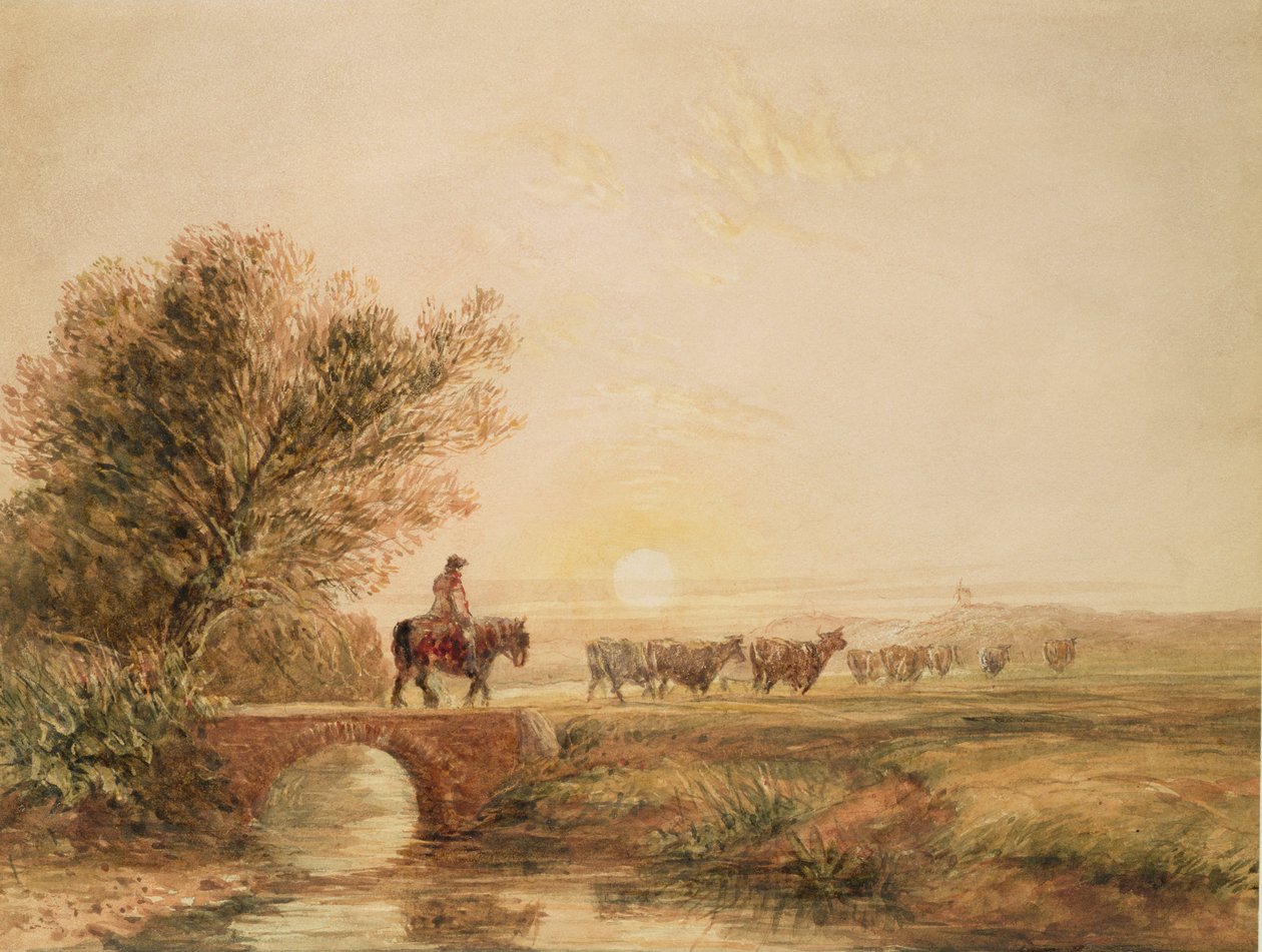 En montert fører med storfe som krysser en bro ved solnedgang (blyant og wc på papir) av David Cox
