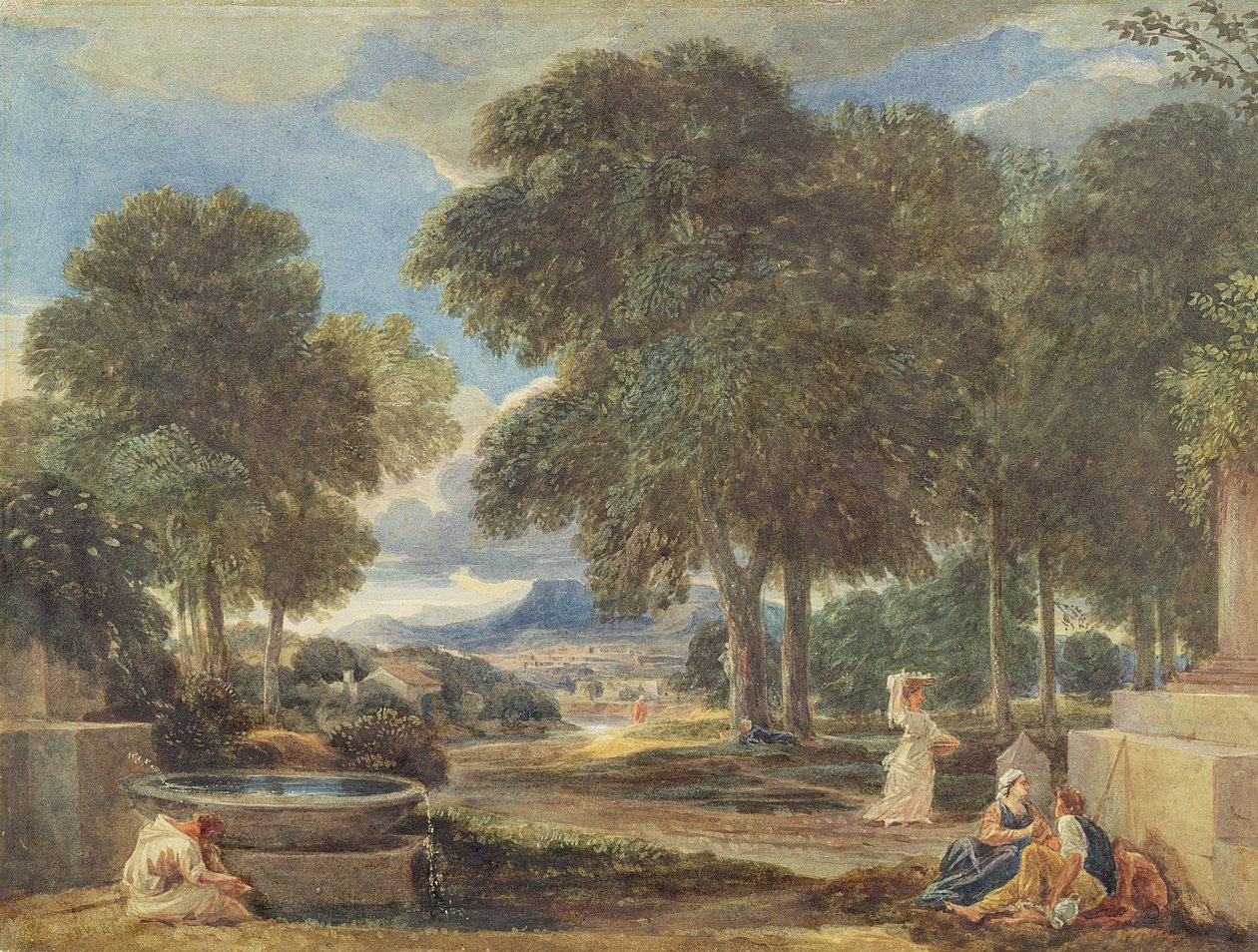 Landskap med en mann som vasker føttene ved en fontene, etter Nicolas Poussin (1594-1665) av David Cox