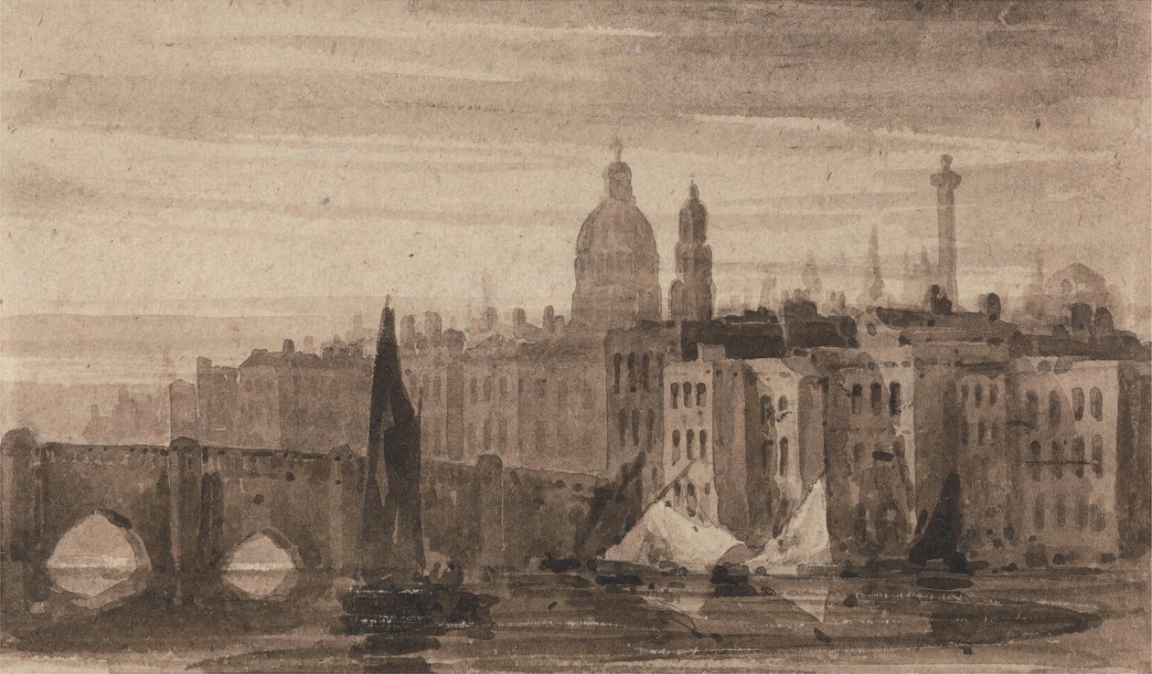 Gamle London Bridge og St. Pauls Cathedral fra Themsen av David Cox