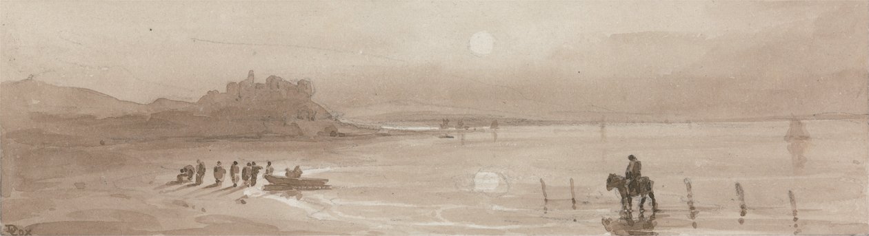 Sjøkyst, solnedgang med Harlech Castle av David Cox