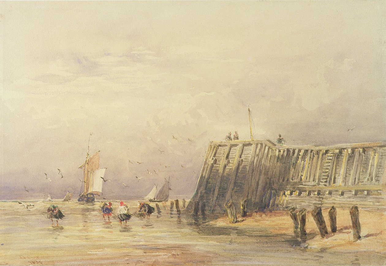 Sjølandskap med seillektere og figurer som vasser off-shore, 1832 av David Cox