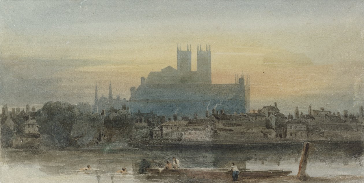 Westminster fra Lambeth, ca. 1813 (wc over grafitt med utskraping på papir) av David Cox