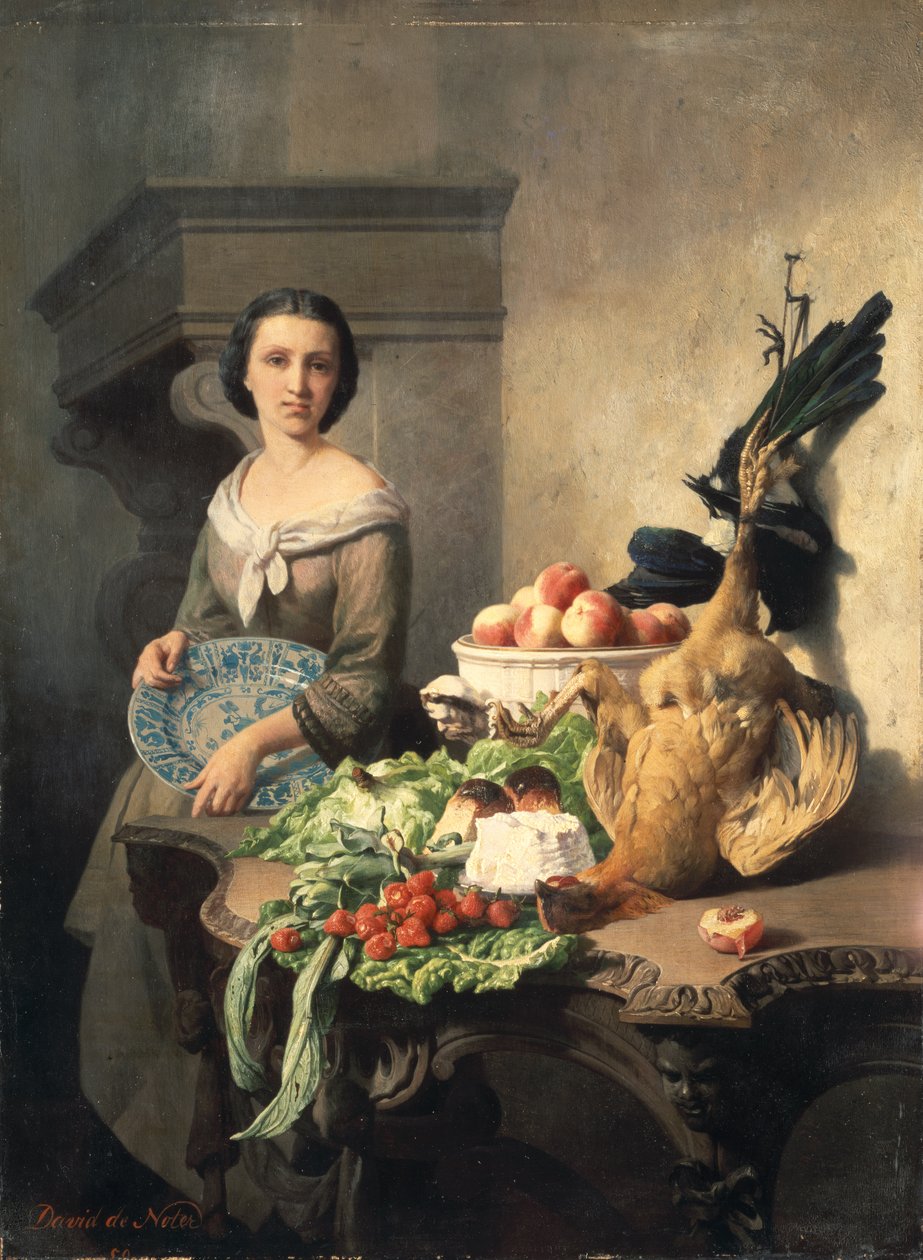 Tjenende jente som står ved et sidebord dekket med mat, 1859 av David Emil Joseph de Noter