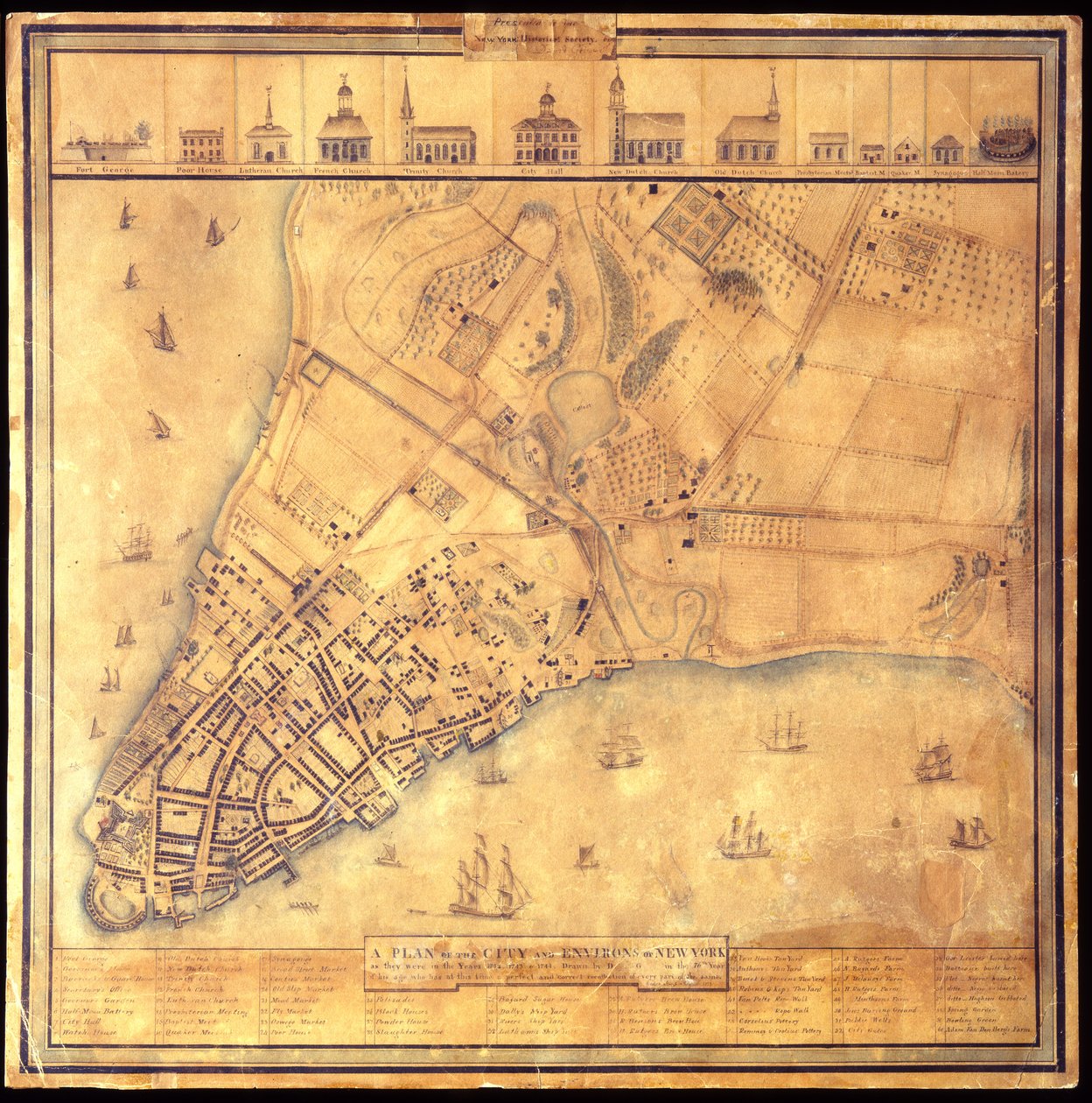 Plan over byen og omegn i New York slik de var i 1742-1744, 1813 Penn-og-blekk svart og farge, akvarell, blyant på papir. av David Grim