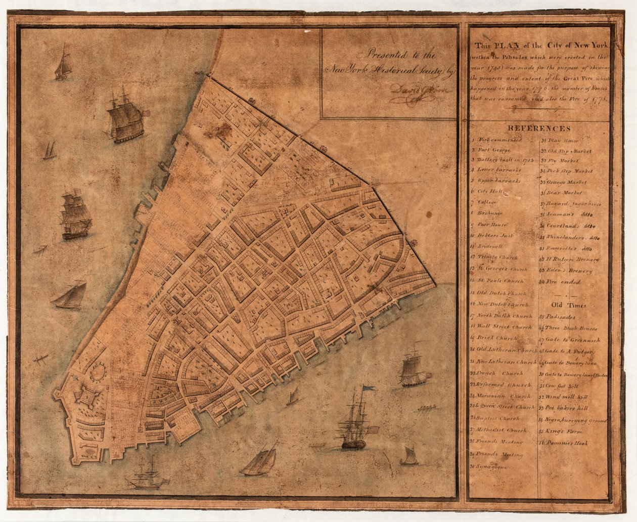 Denne planen for byen New York (innenfor Palisadene, som ble reist i år 1745) ble laget med det formål å vise fremdriften og omfanget av den store brannen, som skjedde i året av David Grim