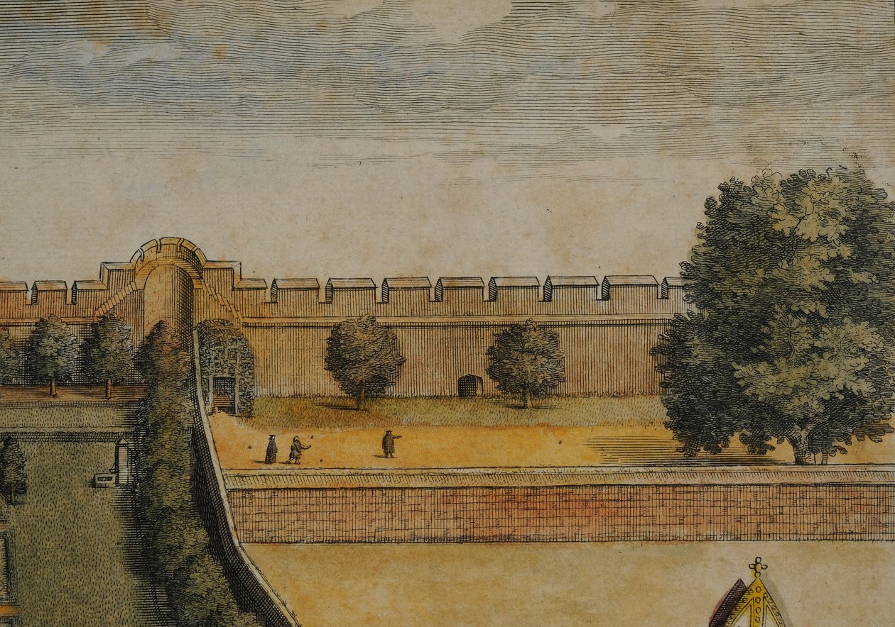 Collegium Novum (detalj) (håndfarget gravering) av David Loggan
