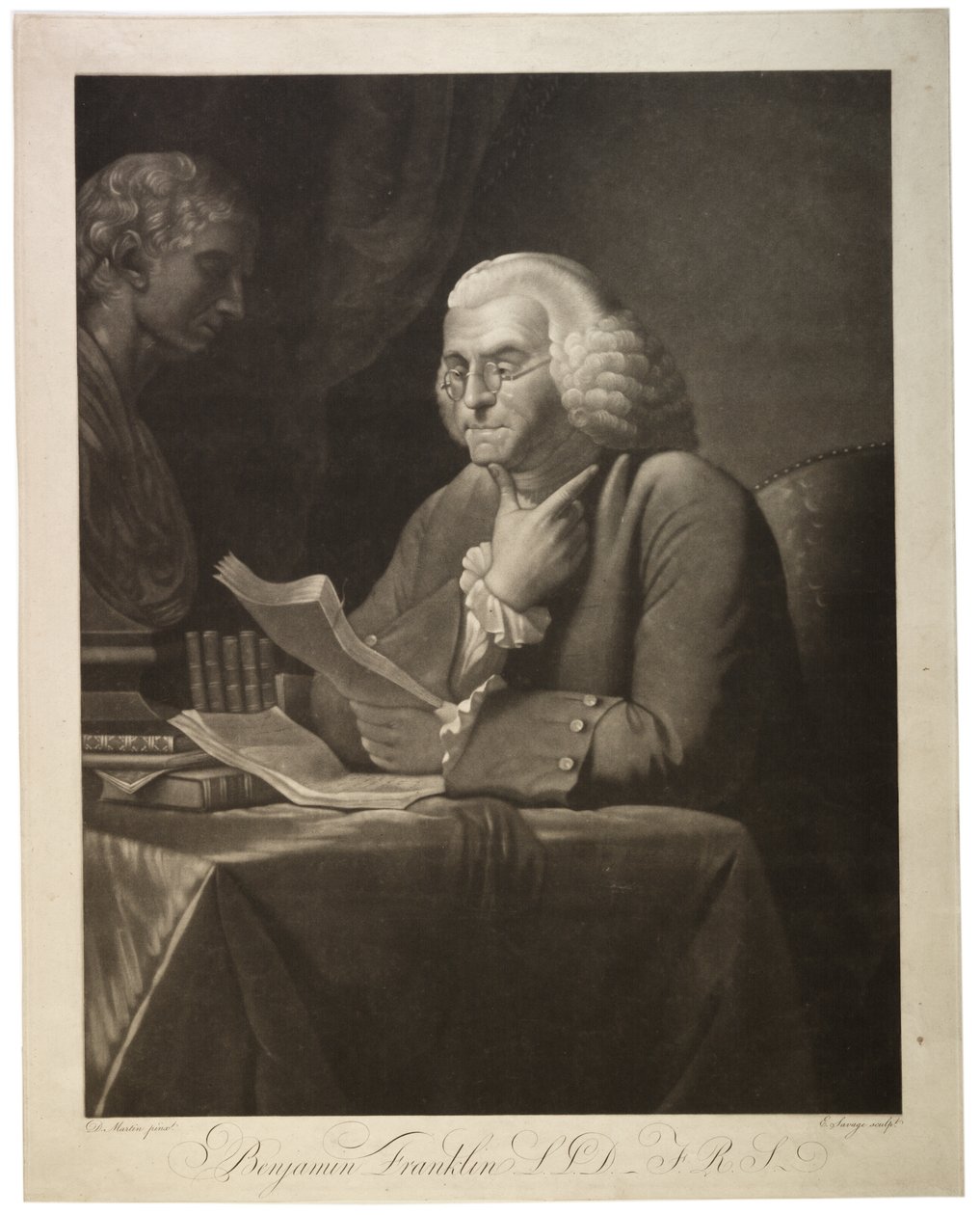 Benjamin Franklin L.L.D. - F.R.S., gravert av Edward Savage (1761-1817), ca. 1800 (mezzotint) av David Martin