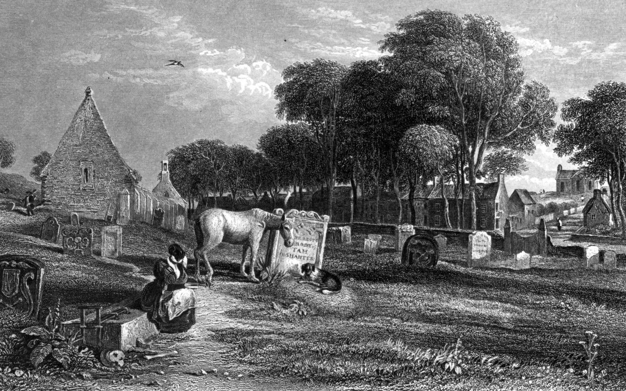 Kirkoswald og Tam O'Shanters grav, gravert av W. Richardson, illustrasjon fra 'The Land of Burns - A series of Landscapes and Portraits, Illustrative of the Life and Writings of the Scottish Poet av David Octavius Hill