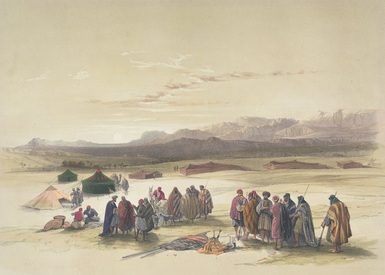 Leir av Alloeen i Wady Araba (håndfarget litho) av David Roberts