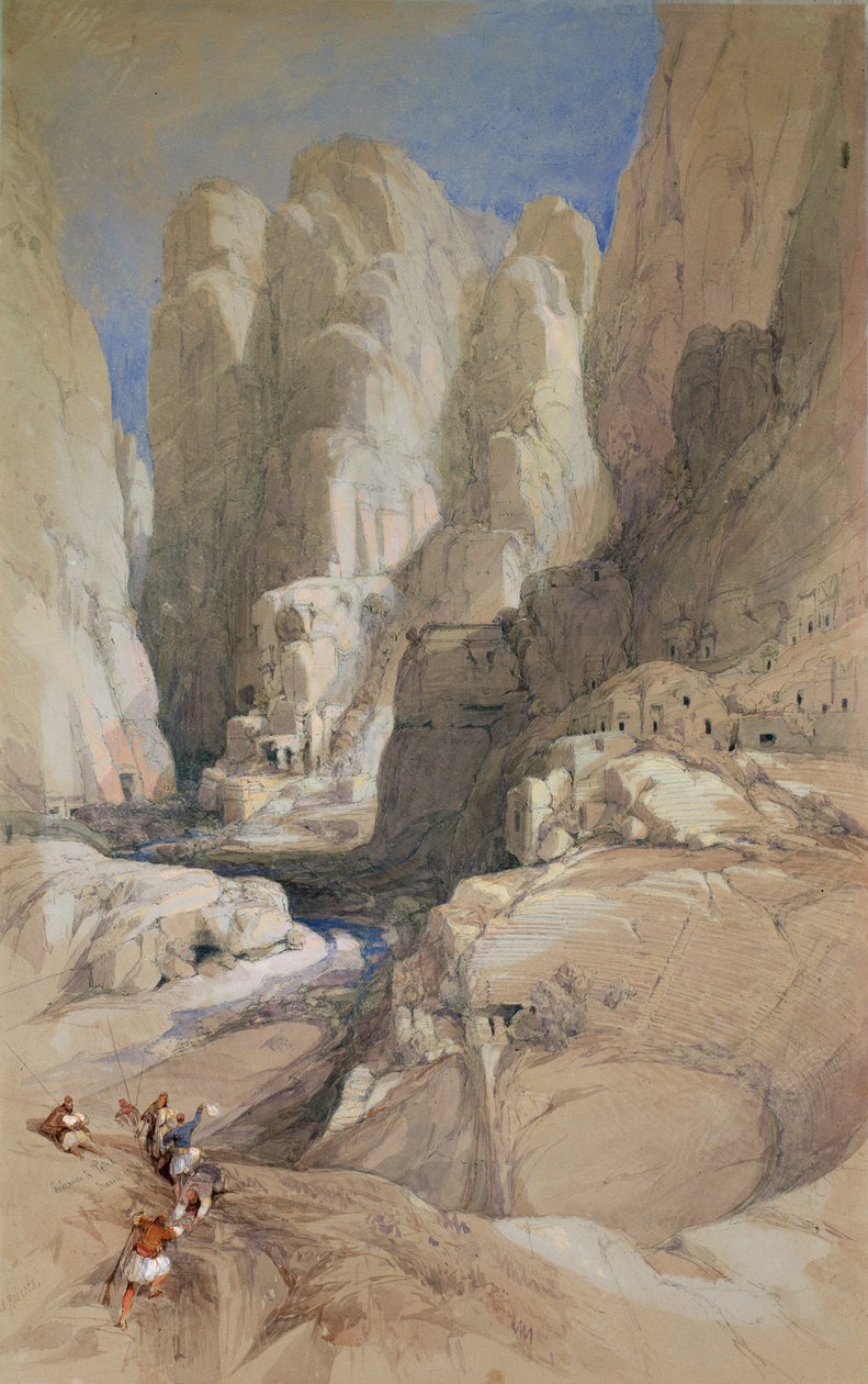 Inngang til Petra, Jordan, 1839 (wc forhøyet med hvitt på lysegråt papir) av David Roberts