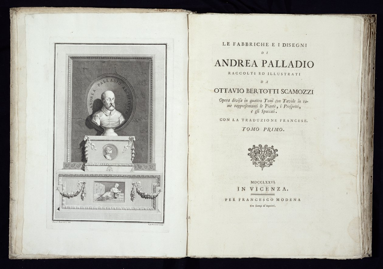 Tittelside til Andrea Palladios fabrikker og tegninger med et portrett av arkitekten, gravert av Simon Francis Ravenet (1737-1821) publisert 1776 av David Rossi