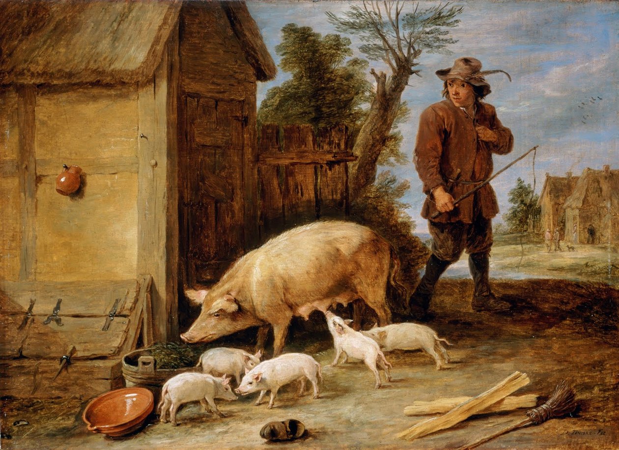 En purke og hennes kull av David Teniers the Younger