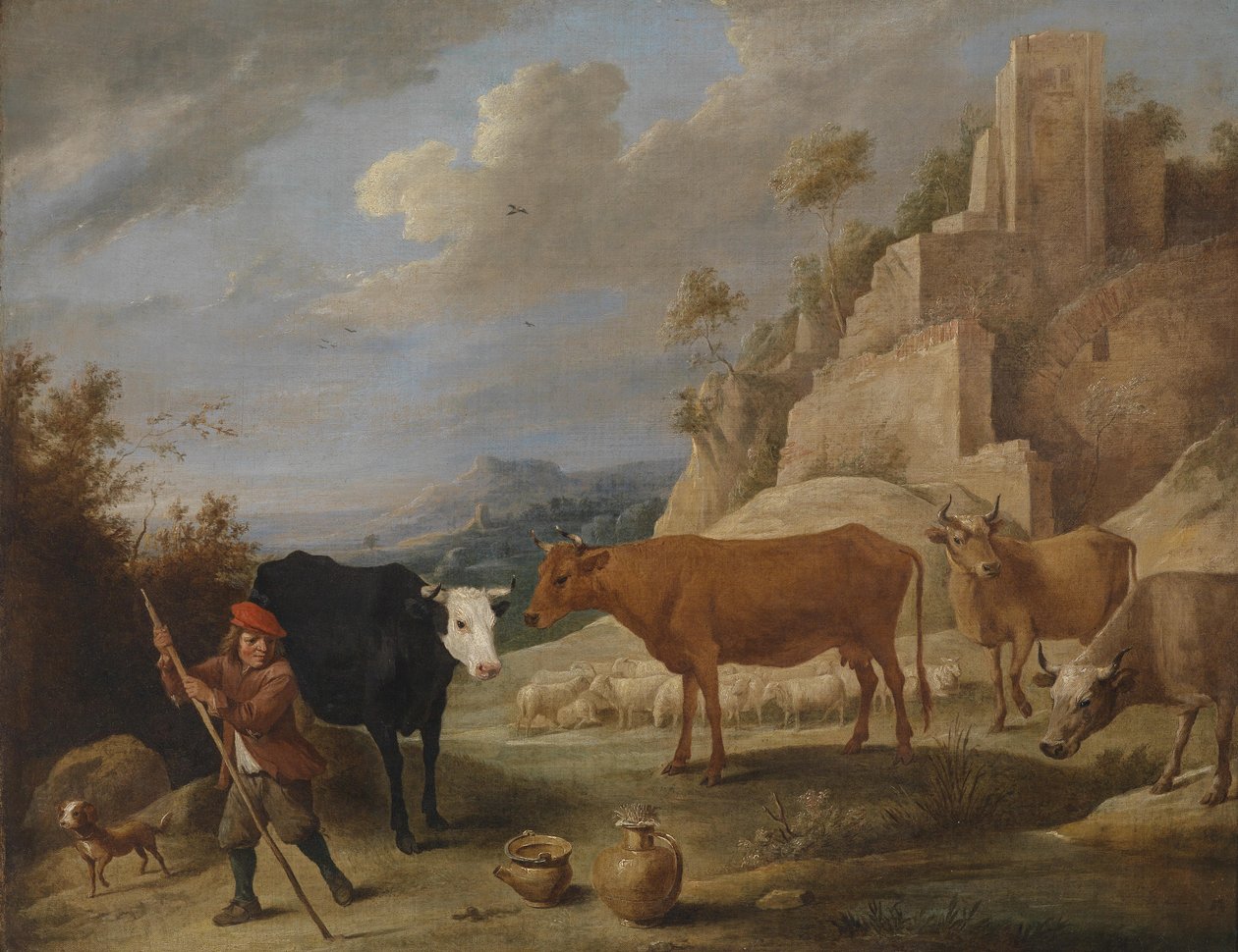 En gjeter med flokken sin i et ruinlandskap av David Teniers the Younger