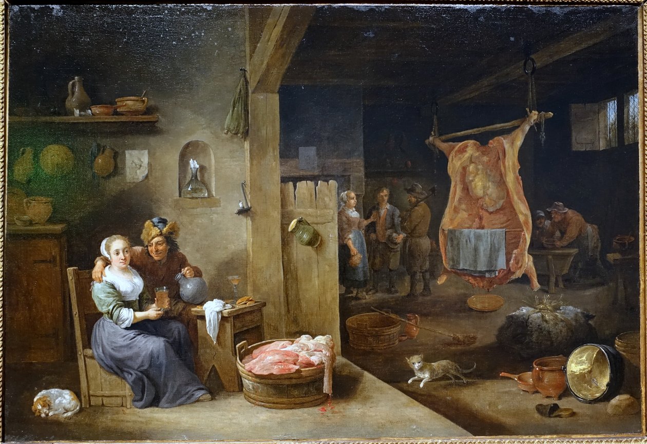 Flamsk interiør med slaktet okse av David Teniers the Younger