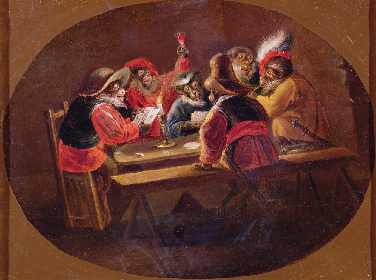 Aper kledd som soldater som spiller kort og karuserer av David Teniers the Younger