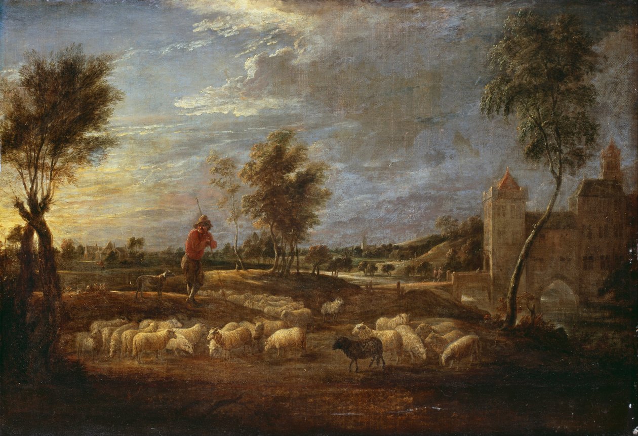Solnedgangslandskap med en hyrde og flokken hans av David Teniers the Younger