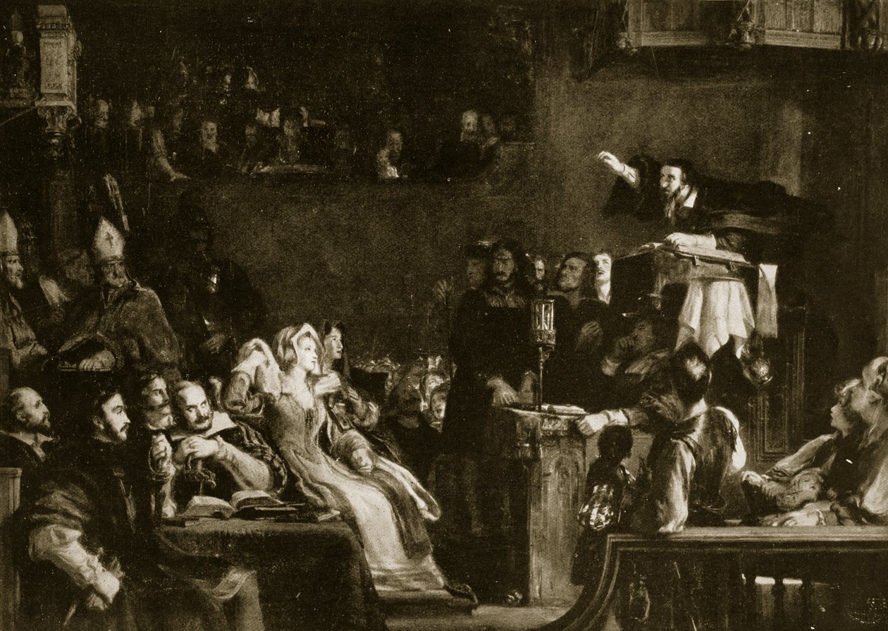 John Knox forkynner for Lords of Congregation i katedralen i St. Andrews, 1559, illustrasjon fra 