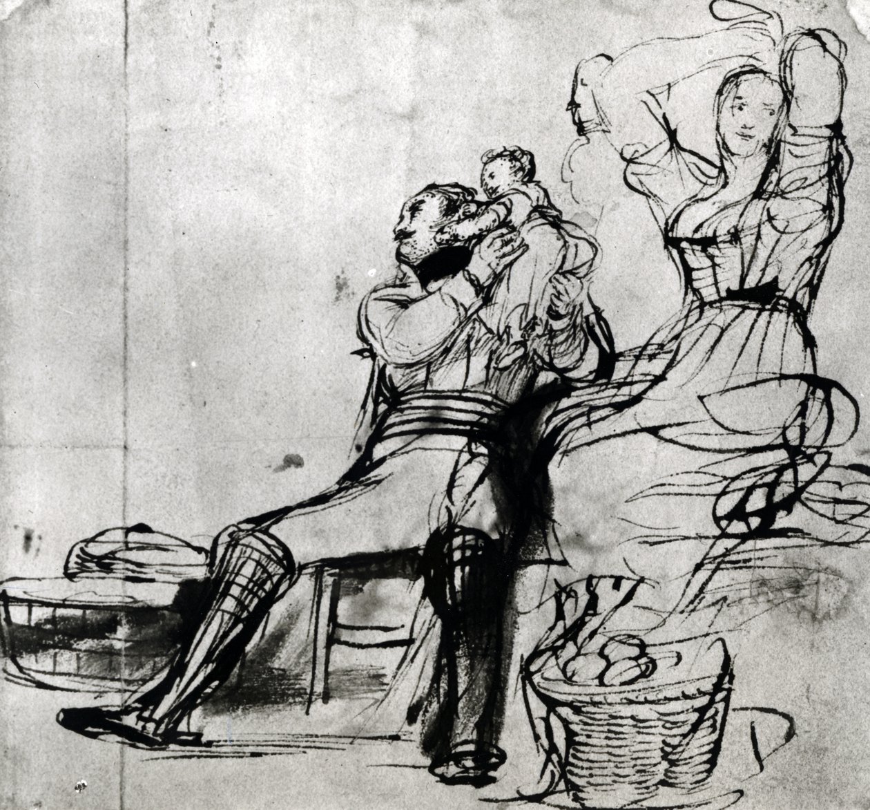 Studie av figurer for 'Chelsea Pensjonister som leser Gazette of the Battle of Waterloo', 1816-22 (penn og blekk på papir) av David Wilkie