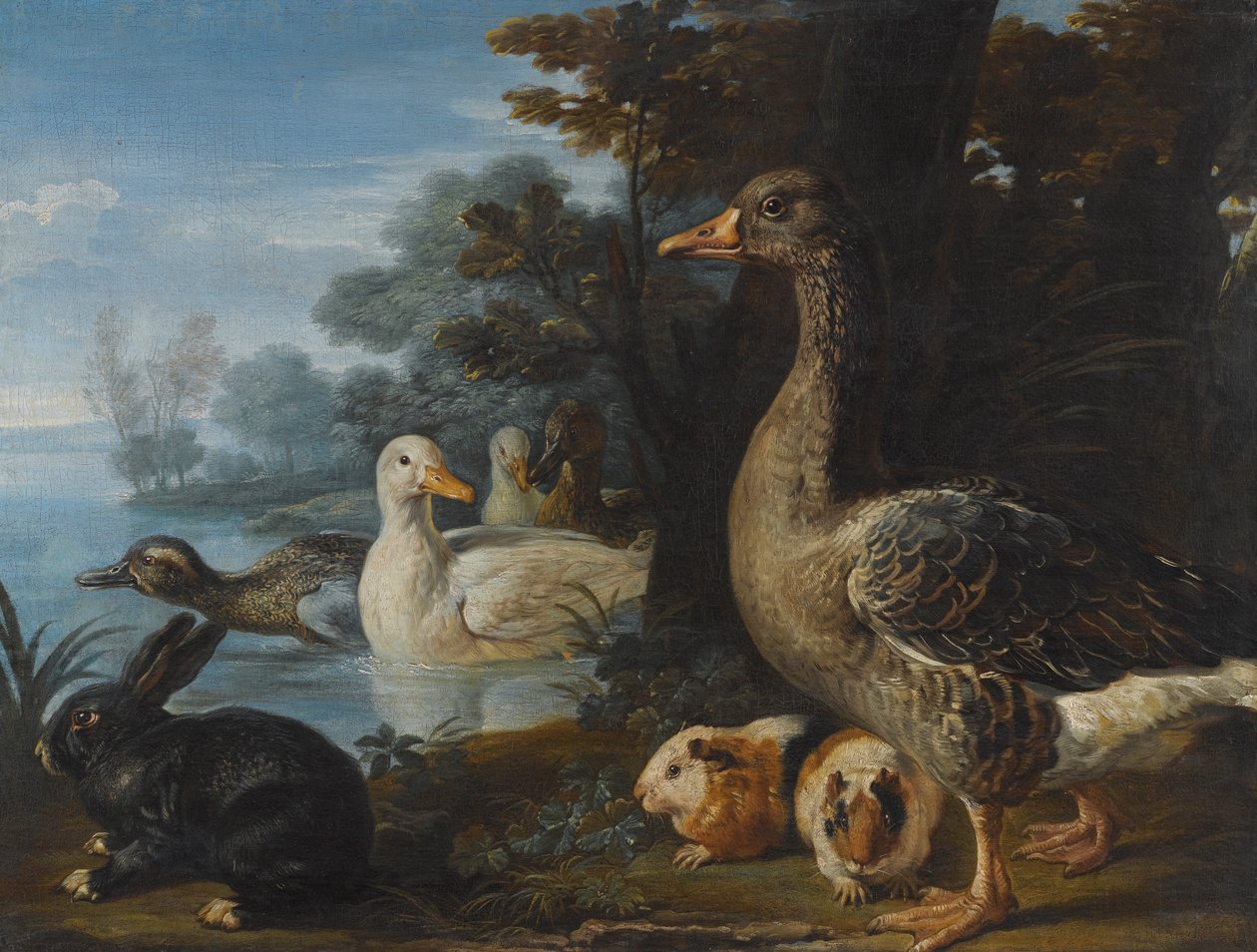 Ender, en gås, marsvin og en kanin i et skogkledd landskap ved en innsjø av David de Coninck