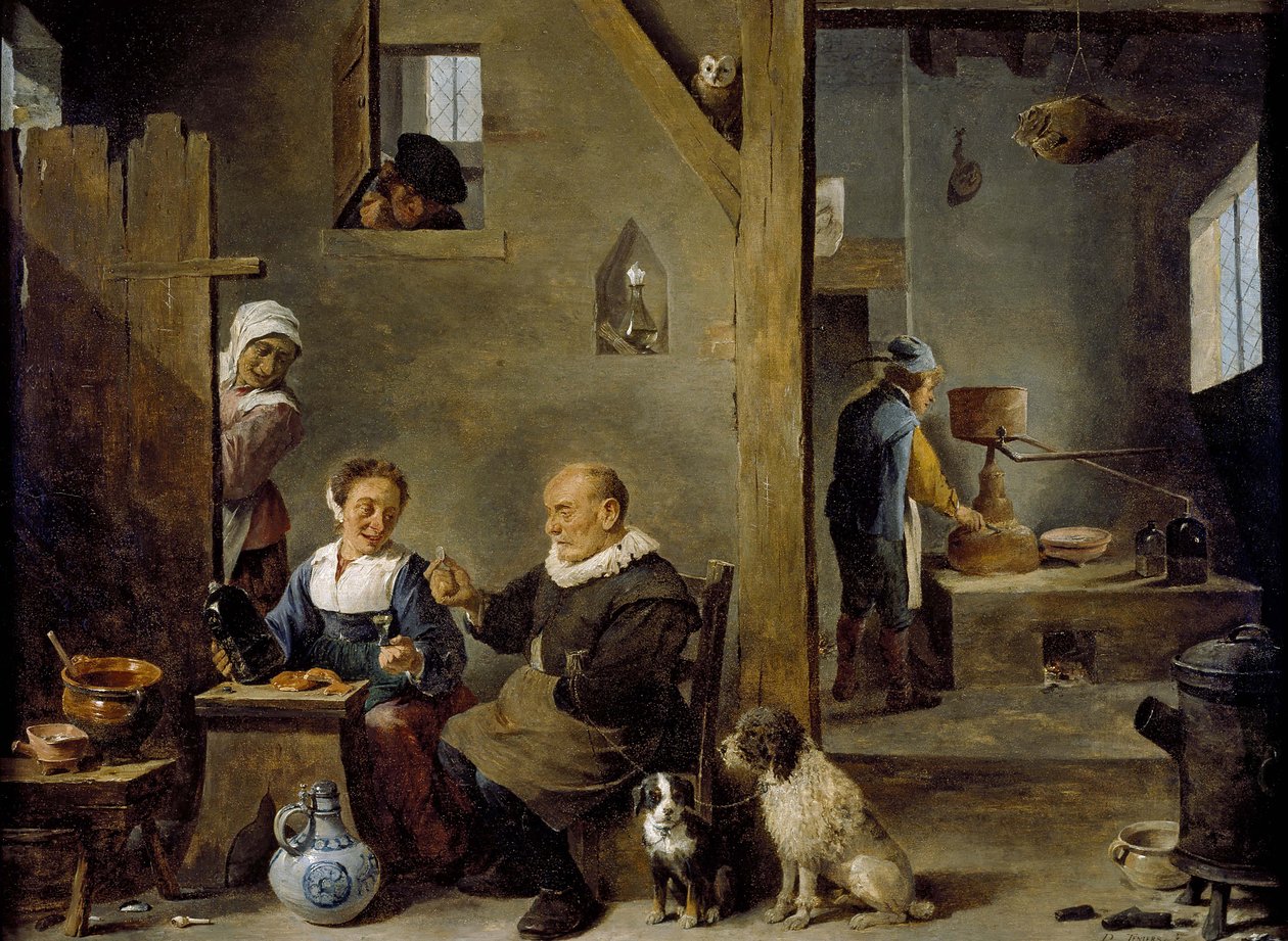 Et destilleri med en eldre mann som kjøper gin fra en kvinne, ca. 1640-49 av David Teniers the Younger
