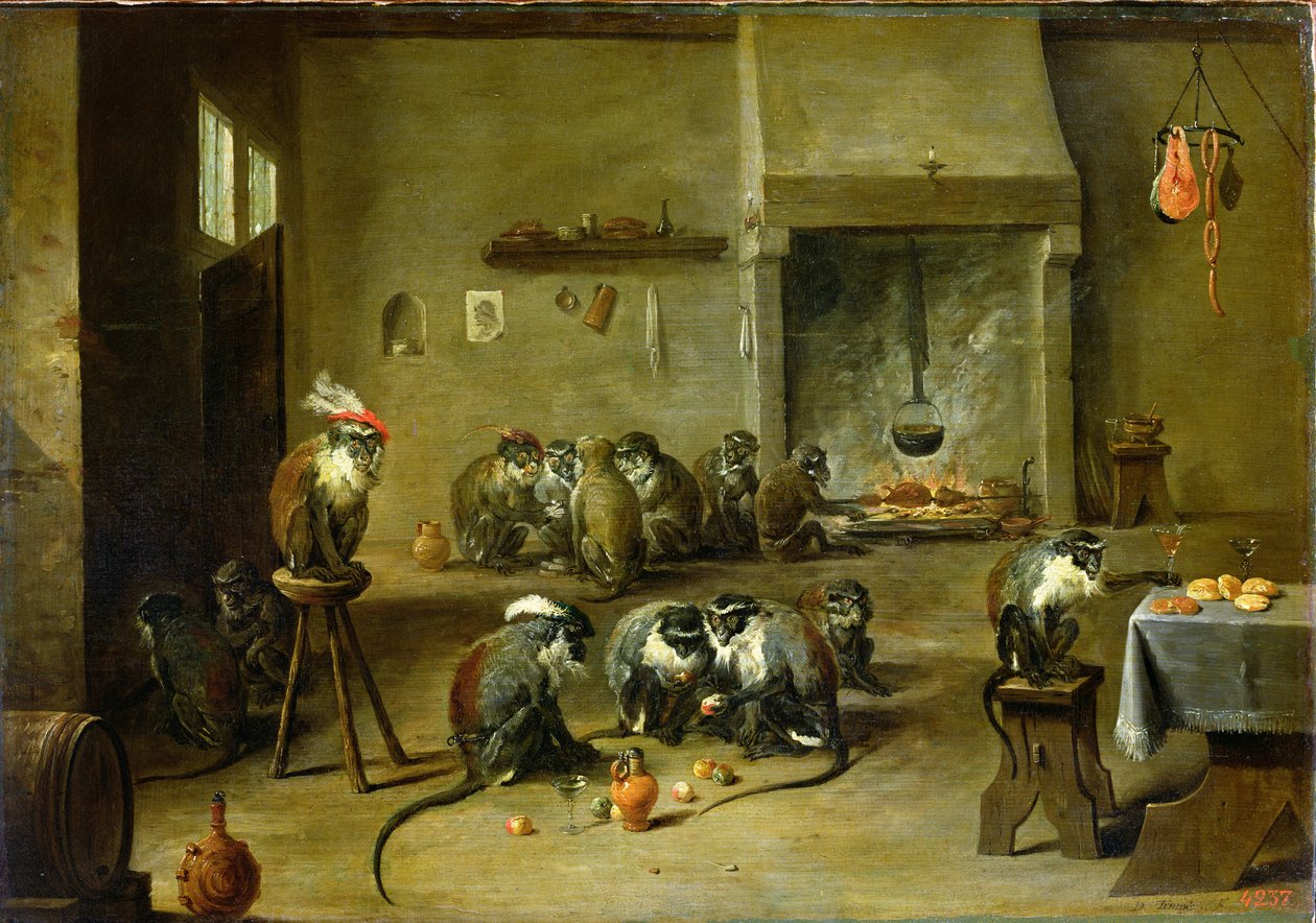 Monkeys in a Kitchen, ca. 1645 (olje på lerret overført fra panel) av David Teniers the Younger