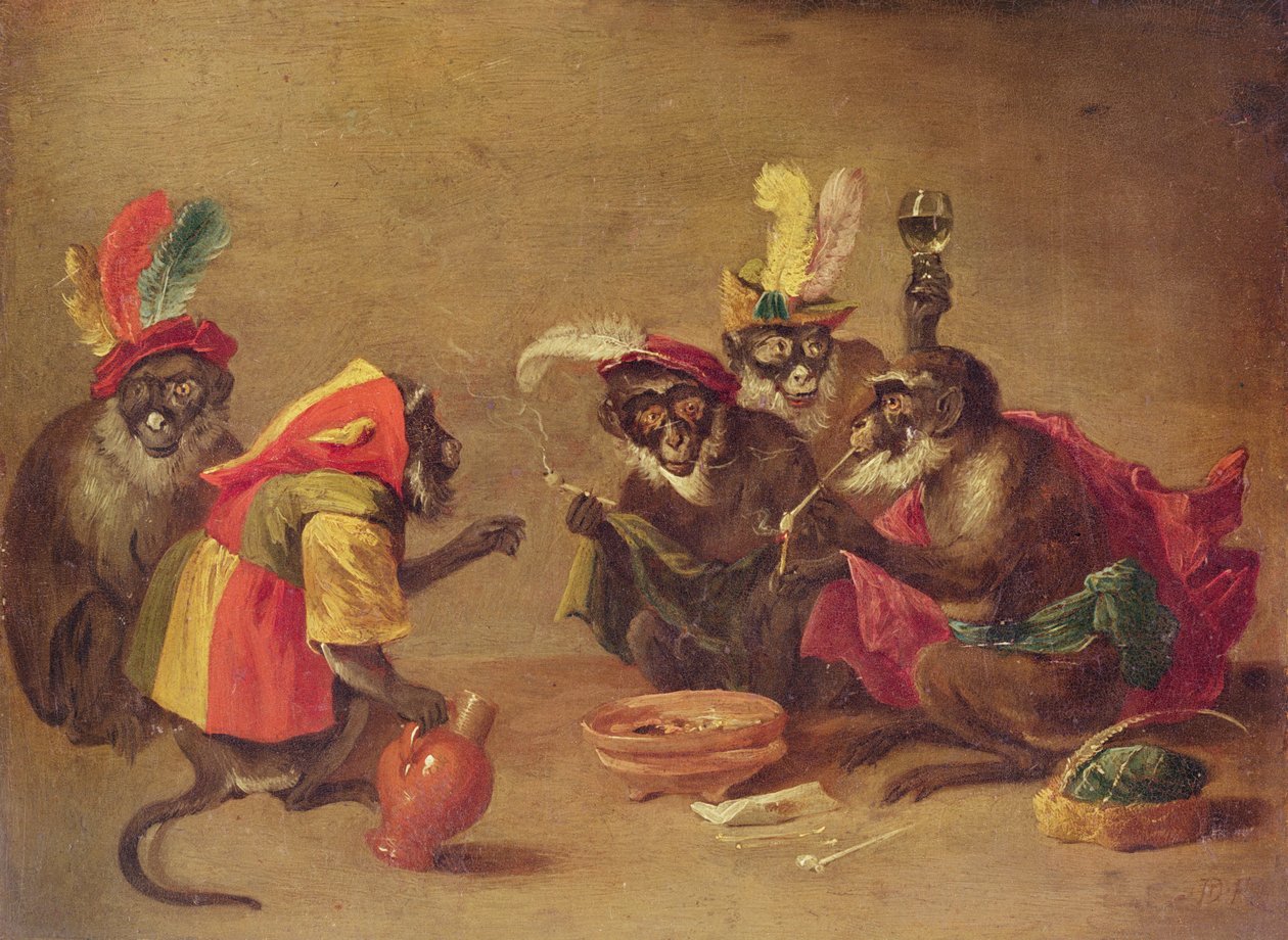 Aper som røyker og drikker av David Teniers the Younger