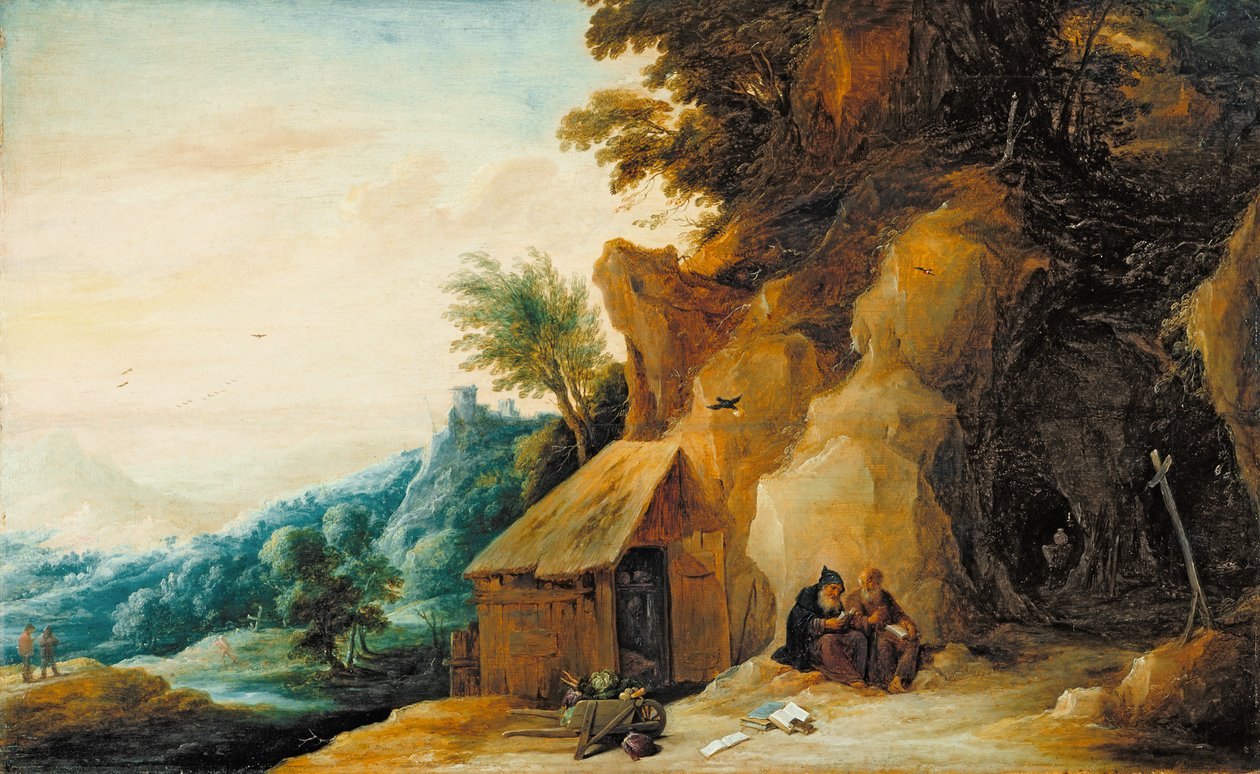 Saints Anthony and Paul in a Landscape, ca. 1636-38 (olje på panel overført til masonitt) av David Teniers the Younger