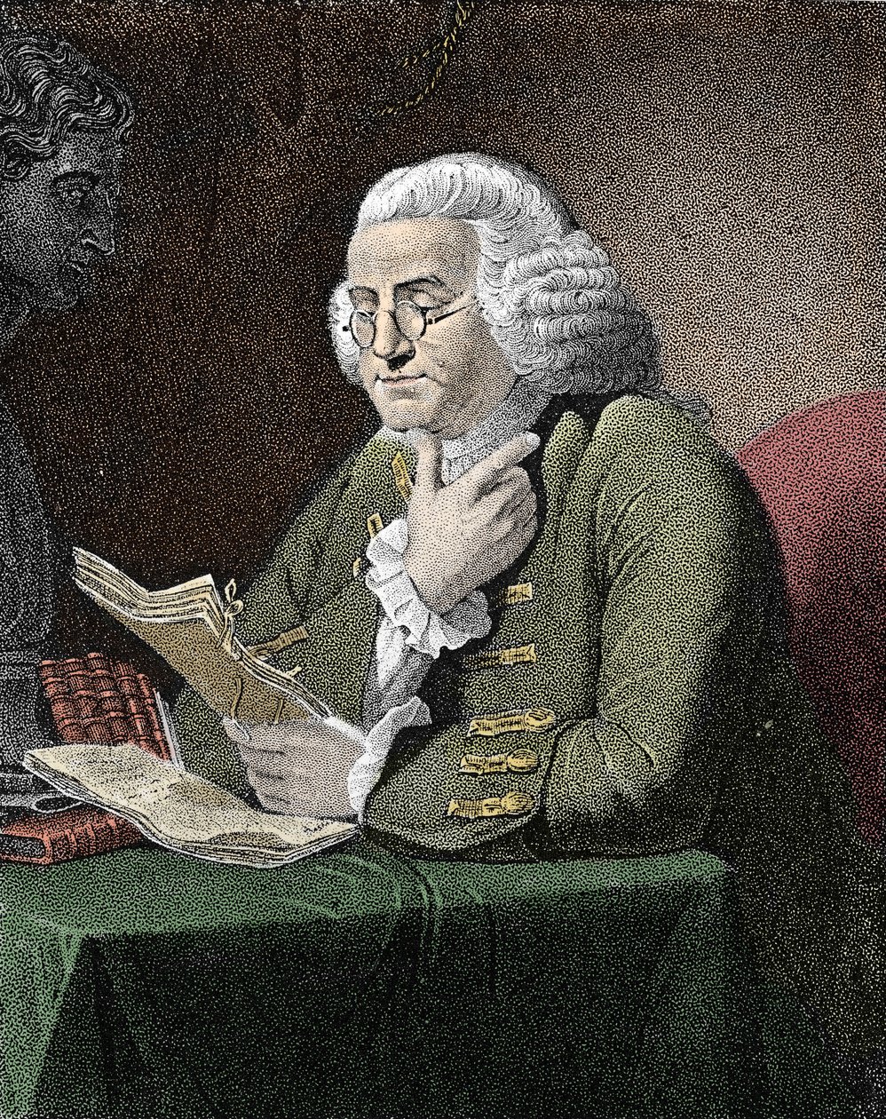 Portrett av Benjamin Franklin (1706-1790), amerikansk filosof, fysiker og ambassadør. Gravering etter et maleri av David Martin. av David (after) Martin