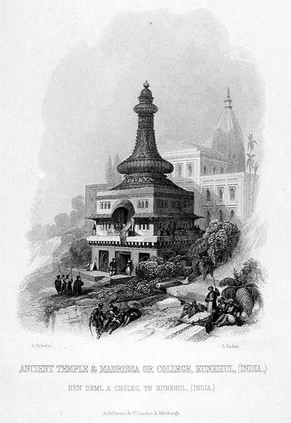 Ancient Temple & Madrissa or College, Kunkhul, India, gravert av E. Finden, fra 