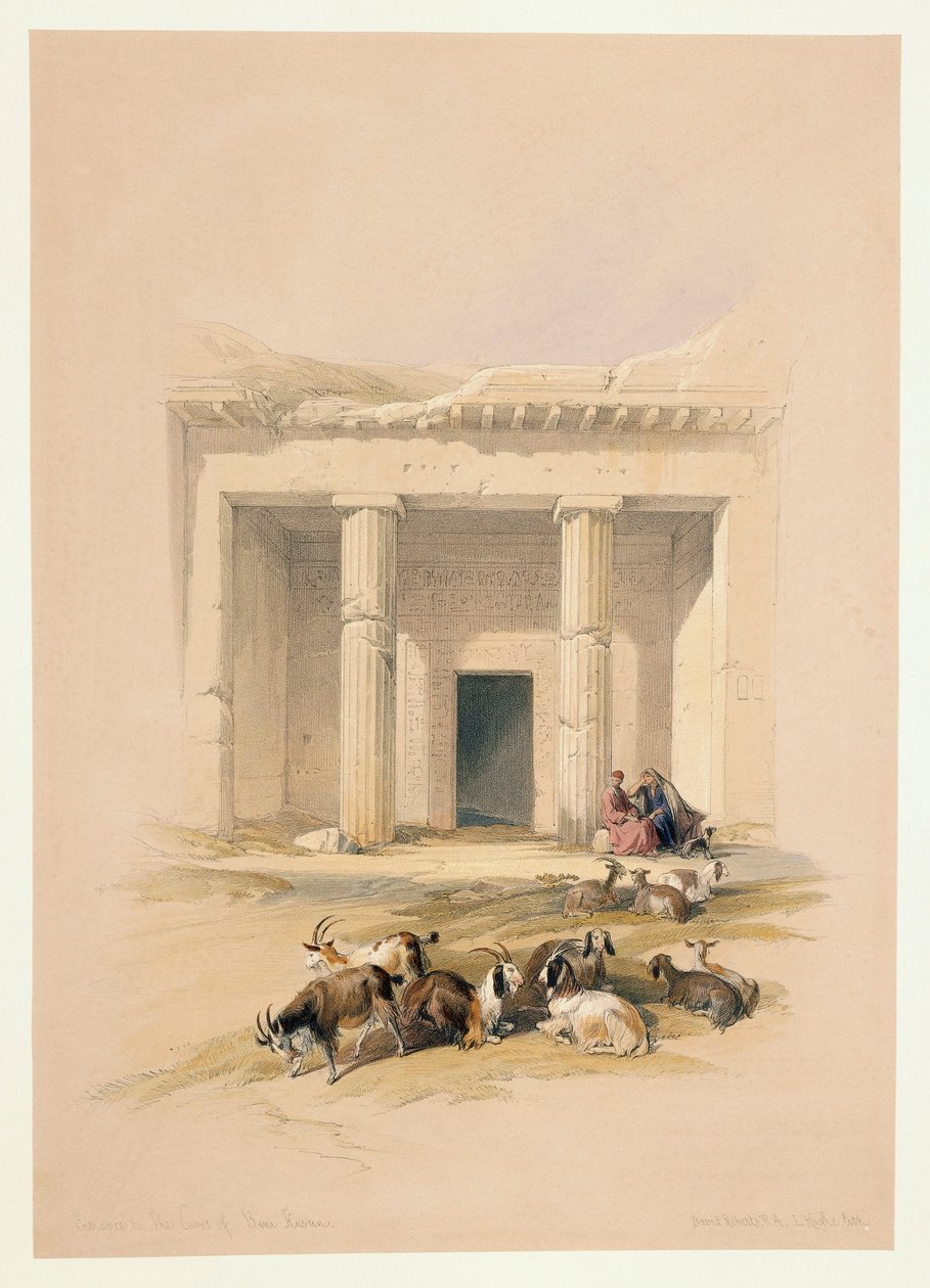 Egypt, inngang til Caves of Beni Hassan, gravering basert på tegning av David Roberts av David (after) Roberts