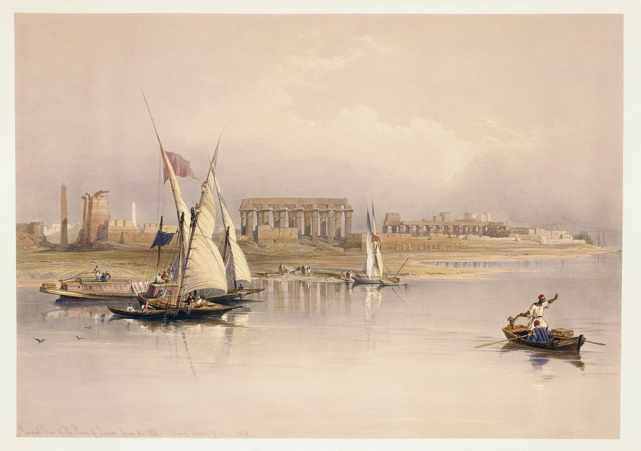 Egypt, ruiner av Luxor fra Nilen, gravering basert på tegning av David Roberts av David (after) Roberts