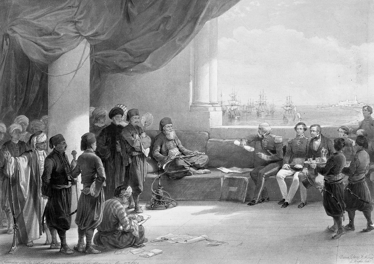 Intervju med visekongen i Egypt på hans sted i Alexandria, fra 'Egypt and Nubia', litografiert av Louis Haghe av David (after) Roberts