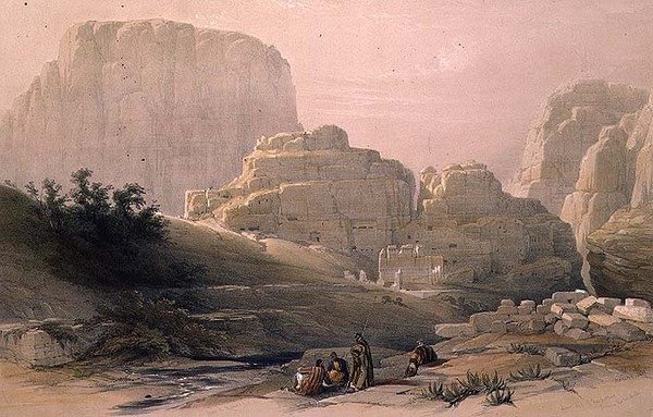 Lower End of the Valley som viser Akropolis, Petra, 9. mars 1839, plate 102 fra bind III av 