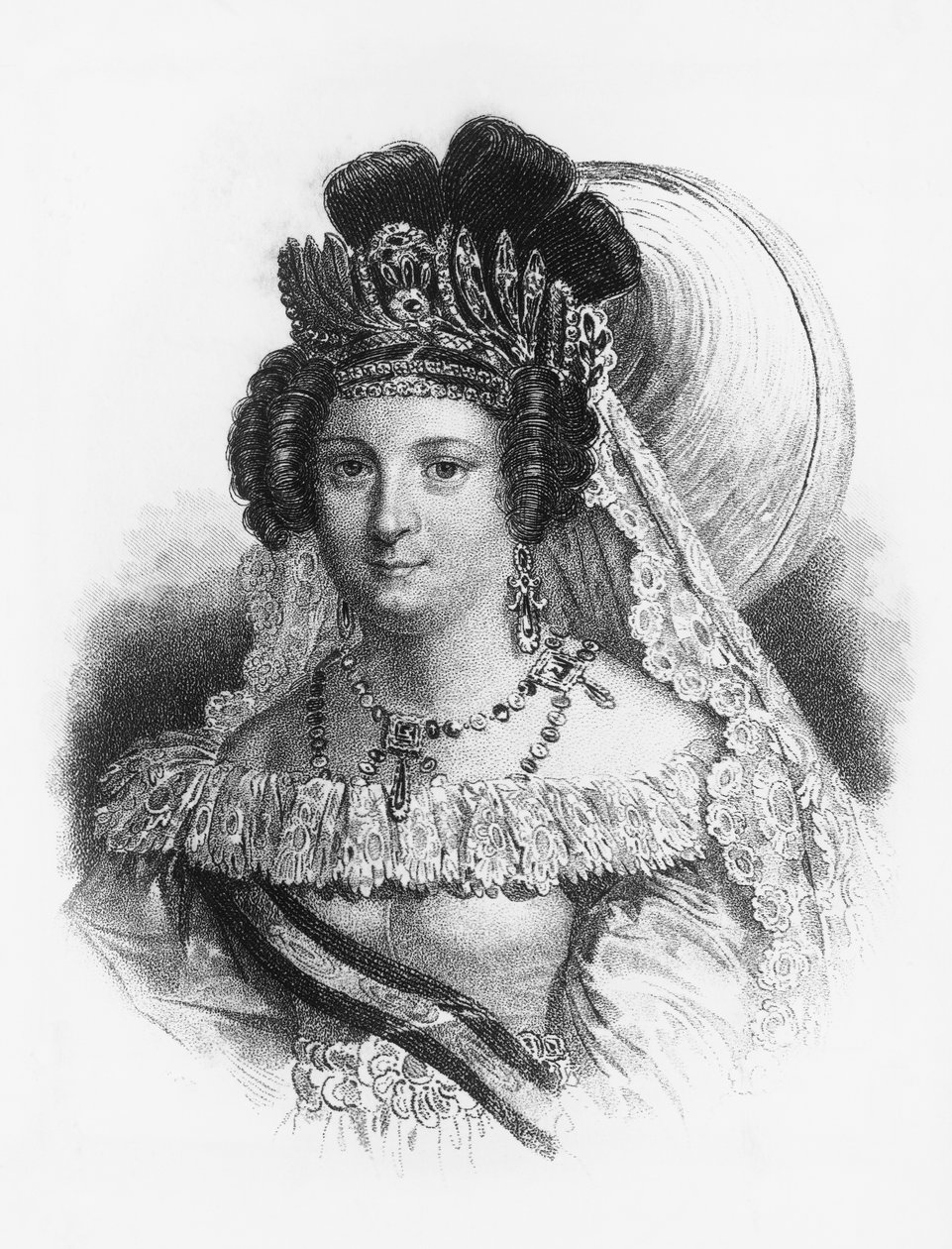 Portrett av Maria Cristina de Borbon (1806-1878), dronningkonsort av Spania fra 1829 til 1833, og dronningegent fra 1833 til 1840, gravering av John Ward Dunsmore