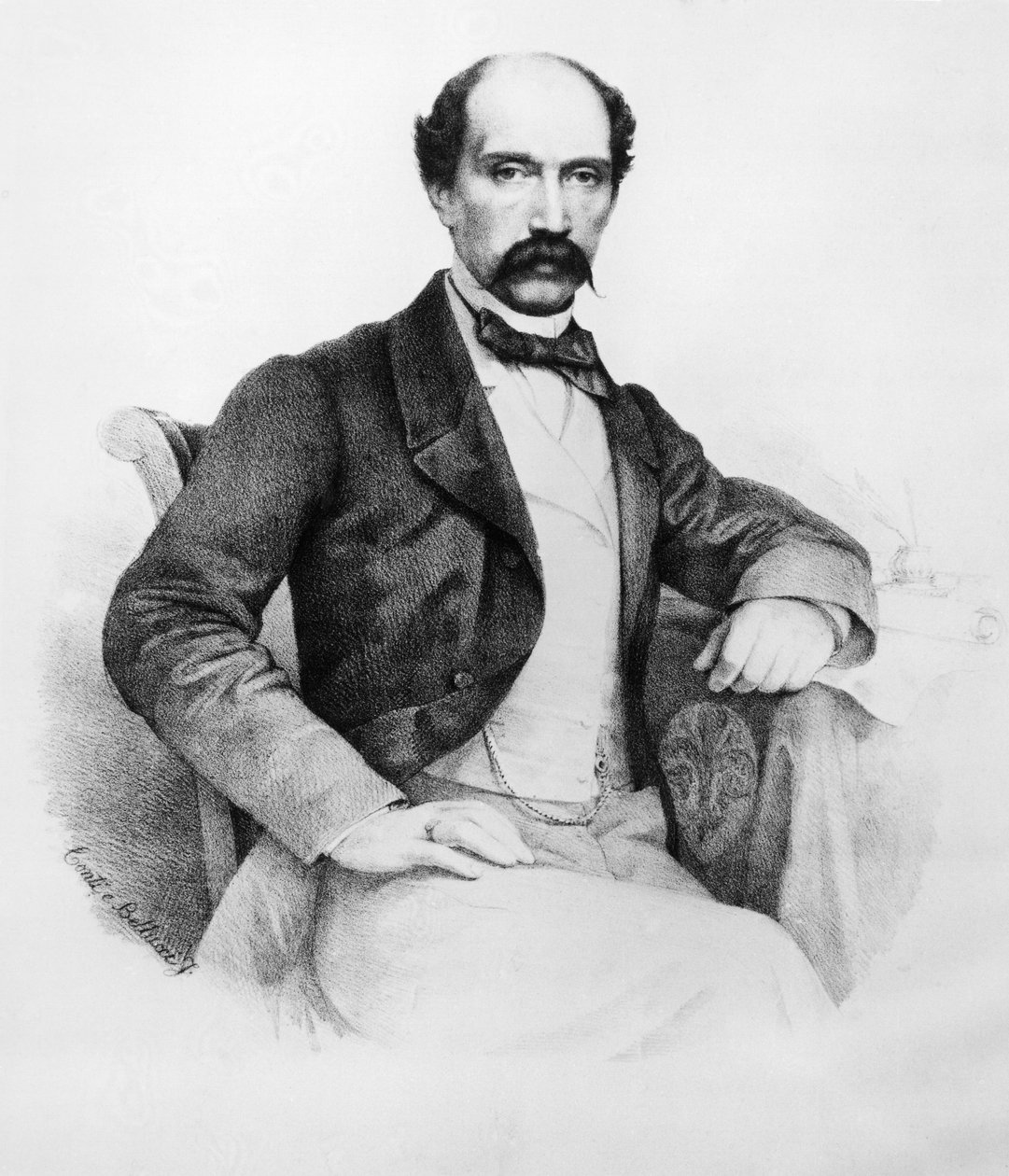 Portrett av Marquis Ferdinando Bartolommei (1821-1869), italiensk revolusjonist og politiker som spilte viktig rolle i politiske hendelser i Toscana fra 1848 til 1860, gravering av John Ward Dunsmore