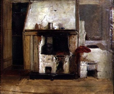 A Kitchen Hearth (olje på lerret) av David (follower of) Wilkie