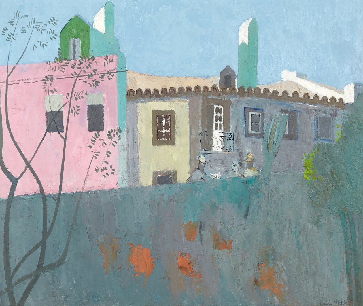 Samtale i en portugisisk landsby, ca. 1961-67 (olje på havnen) av David Alan Redpath Michie