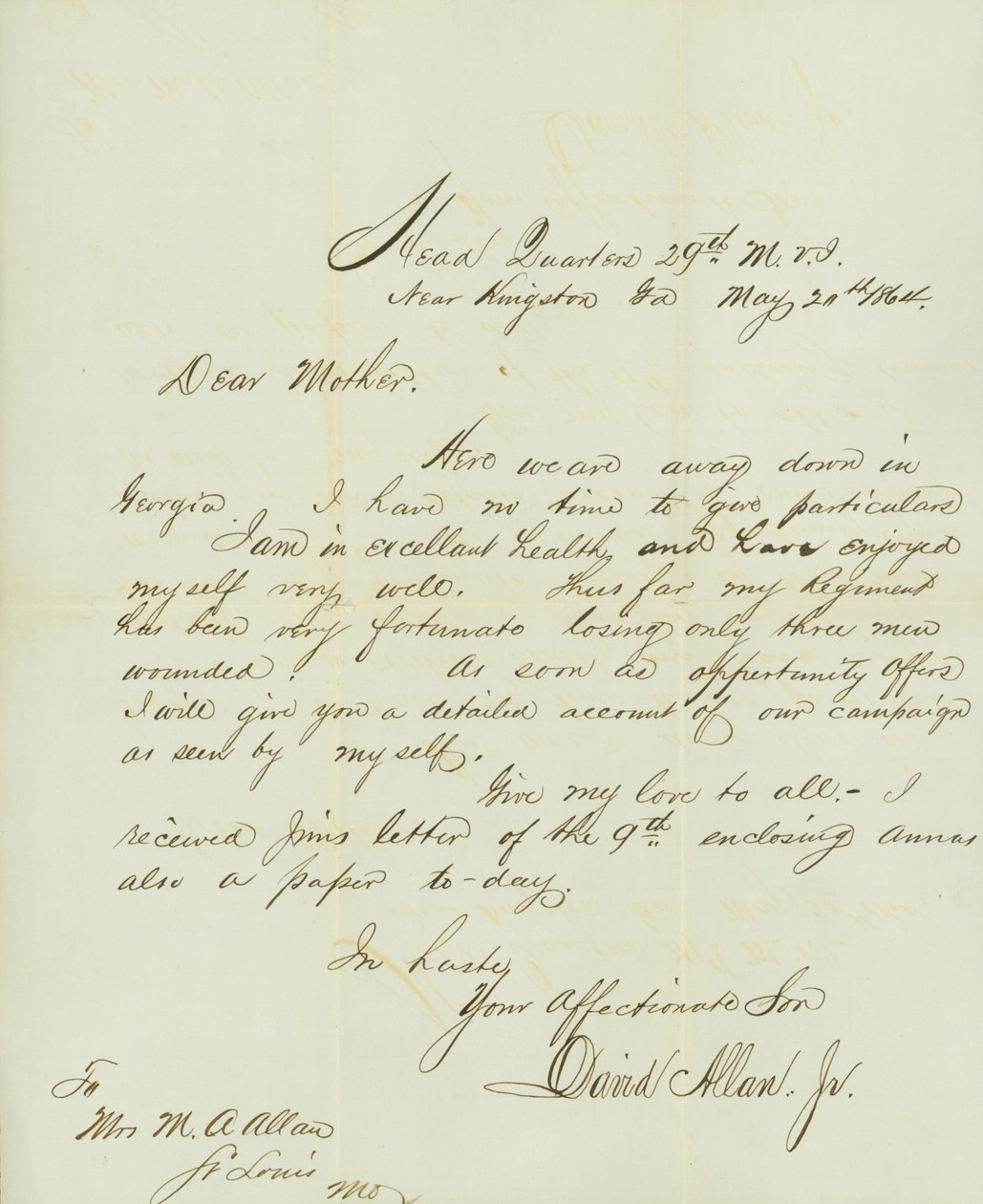Brev signert David Allan, Jr., Head Quarters 29th M.V.I., nær Kingston, Ga., til hans mor Mrs. M.A. Allan, St. Louis, Mo., 20. mai 1864 av David Allan