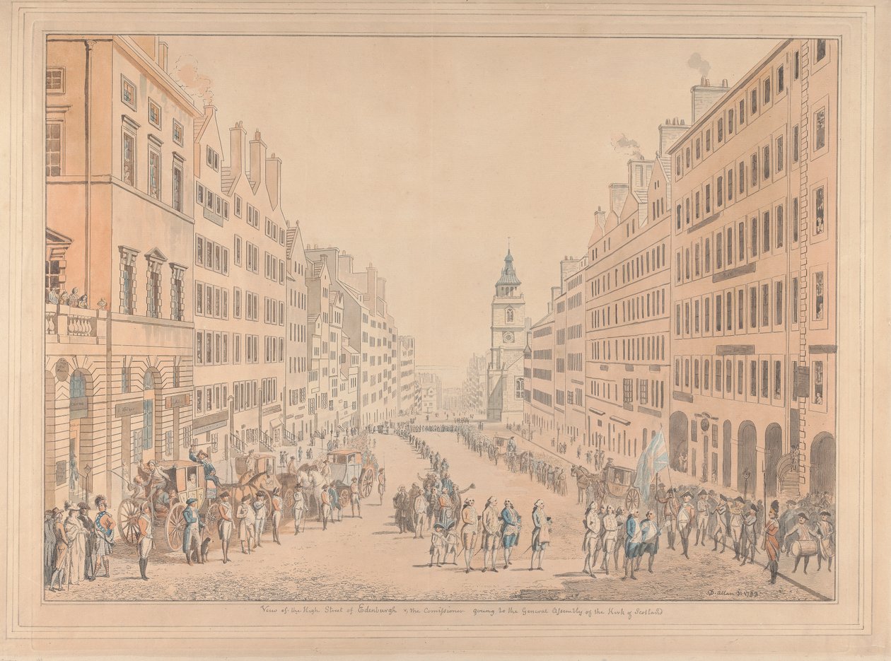 Utsikt over High Street i Edinburgh og kommissæren av David Allan