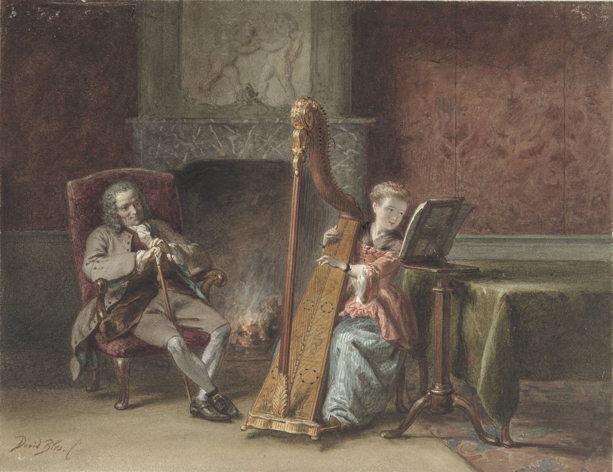 Interiør med en jente som spiller harpe og en herre i en stol som ser på av David Bles