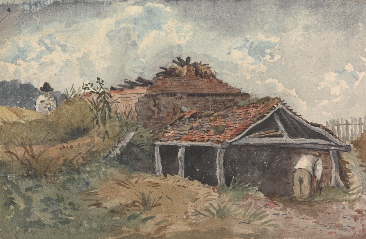 Landskap med to figurer ved siden av en gammel bygning av David Charles Read