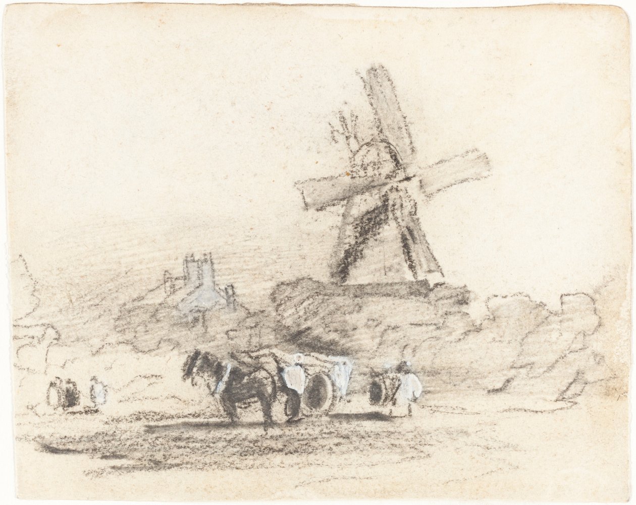 En vogn med to hester nær en vindmølle av David Cox
