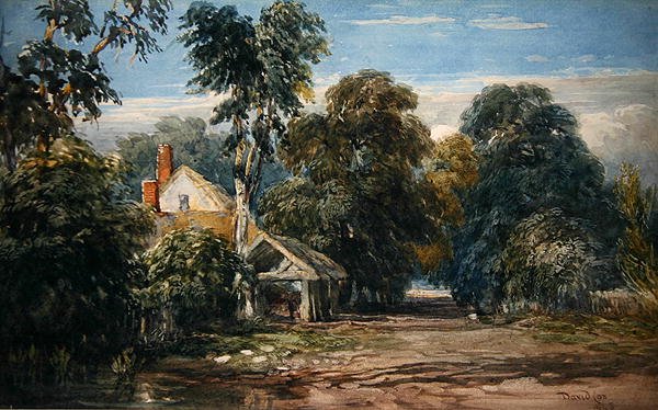 En hytte og byre på kanten av en skog av David Cox